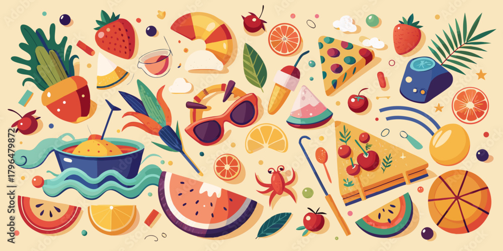 Naklejka premium Vibrant Summer Flat Lay Illustration with Fruits Beach Items and Tropical Elements on a Beige Background