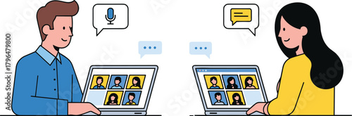 Remote work meeting, virtual communication, online collaboration, video conference call, digital teamwork, diverse participants, modern workspace, laptop screen, speaking and chatting icons