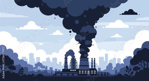 Flat vector explosion at chemical factory releasing dangerous toxic smoke into the sky. Solid tones, no gradients, strong environmental disaster and industrial pollution message