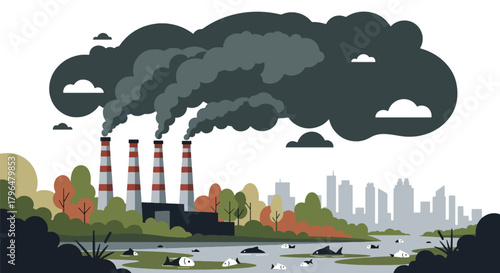 Flat vector old coal power plant releasing dark smoke into sky, polluting air and nearby water sources. Solid colors, no gradients, strong environmental hazard message