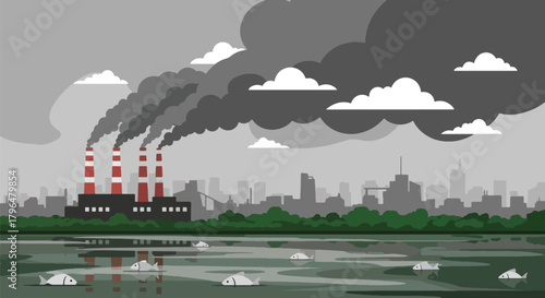 Flat vector old coal power plant releasing dark smoke into sky, polluting air and nearby water sources. Solid colors, no gradients, strong environmental hazard message