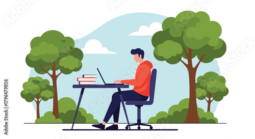 Young man working or studying on a laptop at a desk outdoors amidst green trees and bushes under a clear sky.