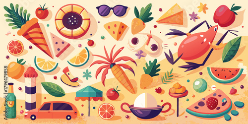 Colorful Summer Still Life with Food Drinks and Vacation Elements in a Flat Design