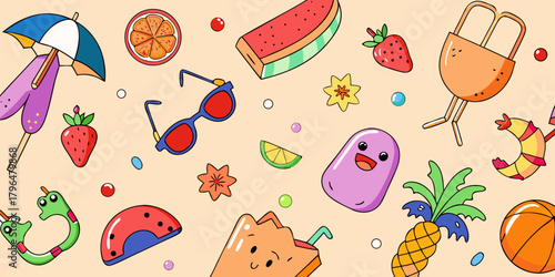 Colorful Summer Cartoon Elements on Beige Background for Fun and Playful Designs