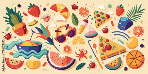 Vibrant Summer Flat Lay Illustration with Fruits Beach Items and Tropical Elements on a Beige Background