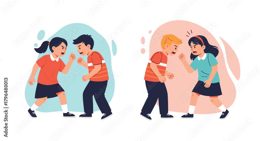 Fototapeta premium This illustration captures two pairs of young children, each consisting of a boy and a girl, engaged in an angry argument or dispute with aggressive body language.