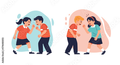 This illustration captures two pairs of young children, each consisting of a boy and a girl, engaged in an angry argument or dispute with aggressive body language.