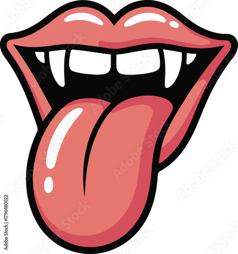 Vampire mouth with fangs and a long tongue sticking out, a bold vector illustration for rebellious themes