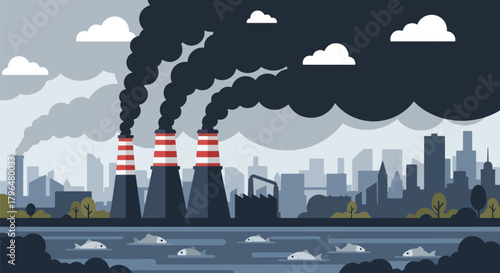 Flat vector old coal power plant releasing dark smoke into sky, polluting air and nearby water sources. Solid colors, no gradients, strong environmental hazard message