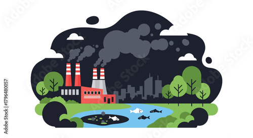 Flat vector old coal power plant releasing dark smoke into sky, polluting air and nearby water sources. Solid colors, no gradients, strong environmental hazard message