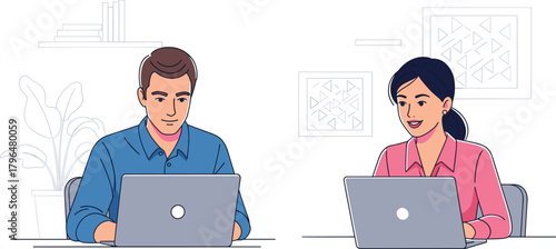 Remote work, online collaboration, modern workspace, focused teamwork, digital productivity, home office setup, professional environment, laptop users, 