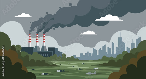 Flat vector old coal power plant releasing dark smoke into sky, polluting air and nearby water sources. Solid colors, no gradients, strong environmental hazard message