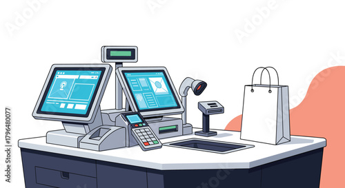 Modern self-checkout station with two screens, a scanner, and a payment terminal, designed for efficient retail transactions.