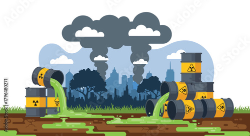 Flat vector barrels leaking radioactive nuclear liquid into soil, creating dangerous contamination and environmental risk. Solid colors, no gradients, strong toxic waste warning