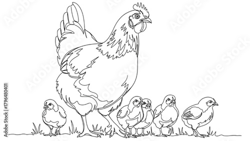 High-quality black continuous line art of mother hen walking with chicks, farm life, natural behavior, close-up illustration