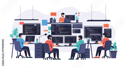 A team of skilled software developers collaborates on coding tasks in a modern office, surrounded by multiple screens displaying programming languages and interfaces.