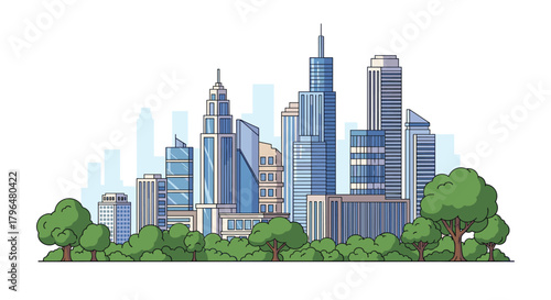 A vibrant, modern city skyline with towering skyscrapers rises behind a lush, green urban park, illustrating harmony between nature and urban development.