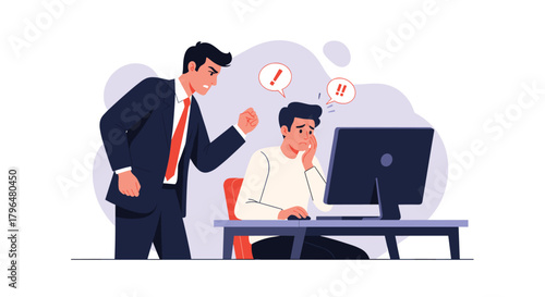 An angry boss scolds a stressed employee working at a computer, depicting workplace pressure, conflict, and a toxic work environment.