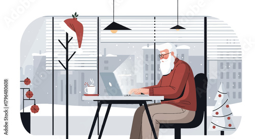 Santa Claus working remotely on his laptop at a desk near a window with a snowy cityscape view, illustrating a modern Christmas