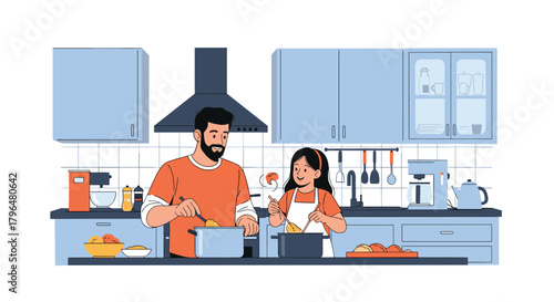 Father and daughter happily cooking a meal together in a modern kitchen, sharing a bonding experience while preparing food.