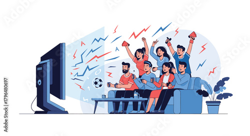 A diverse group of friends excitedly watches a soccer game on television at home, cheering and celebrating a thrilling match.