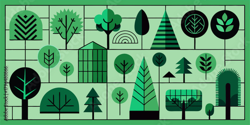 Abstract Green Forest Scene with Geometric Trees