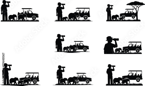 Safari vector illustration, wildlife observation, binoculars, elephant, lion, tree, vehicle, silhouette style, nature exploration, outdoor adventure, travel concept, savanna scene