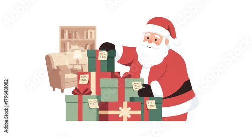 Jolly Santa Claus preparing a stack of beautifully wrapped presents for the festive holiday season, ready to bring joy and celebration to everyone