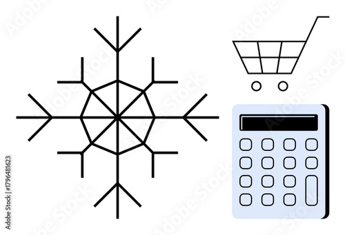 Snowflake beside a shopping cart and calculator symbolizing winter budgeting, financial planning, holiday shopping, cost calculation, e-commerce, savings, and consumer spending. Ideal for finance