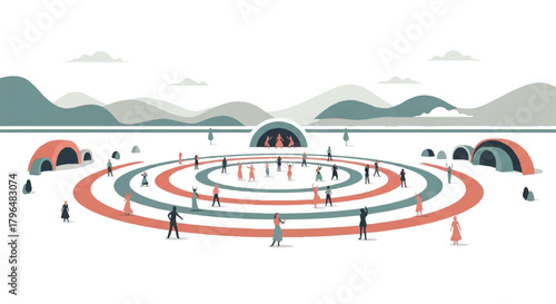 Illustration of people running on a multi-colored circular track with hurdles in a scenic outdoor setting with mountains and tents in the background.