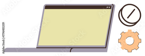 Open laptop with yellow screen next to a gear and clock, symbolizing productivity, time management, and efficiency. Ideal for technology, workflow, deadlines, multitasking, project planning digital