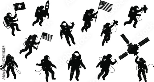 Astronaut silhouette collection, space activity icons, black vector designs, flag holding poses, satellite interaction, cosmic exploration, floating spacewalk graphics