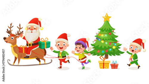 Cartoon santa claus reindeer and christmas tree vector illustration holiday season design elements 100