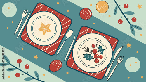 Festive christmas dinner table setting with plates and cutlery for holiday celebration design