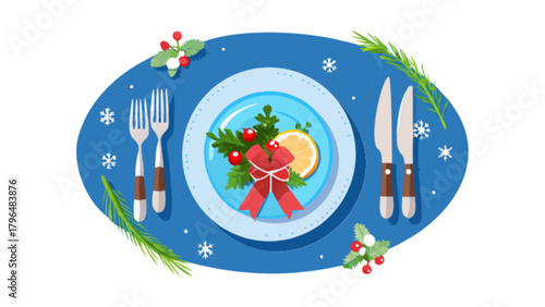 Christmas table setting illustration with plate forks knives and holiday decorations vector design art