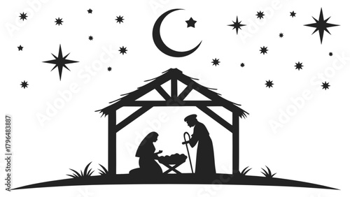 Nativity scene silhouette svg christmas religious joseph mary jesus manger stars moon night vector