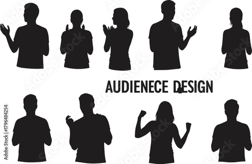 Audience silhouette design, clapping people vector, crowd gesture illustration, event engagement graphic, audience reaction pose, presentation concept art