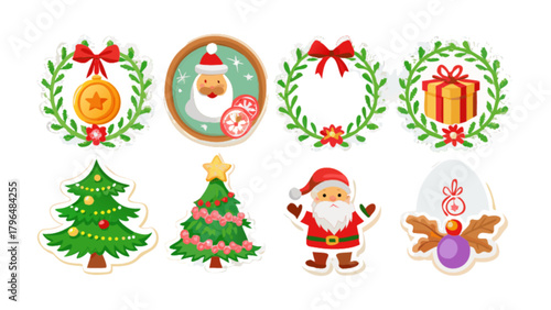 Christmas holiday stickers vector set with santa claus tree wreath and gift for festive designs