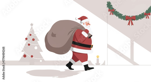 Cartoon Santa Claus walking with a large sack of gifts on a snowy floor with a Christmas tree and staircase in the background.