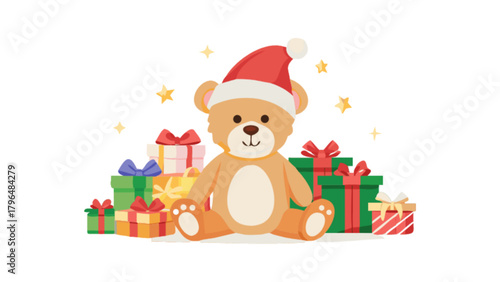 Christmas teddy bear with santa hat and gifts vector illustration holiday season design element cute animal art