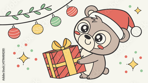 Christmas bear with santa hat and gift box holiday season celebration vector illustration art design