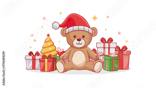 Christmas teddy bear with santa hat and christmas tree and gifts vector illustration design element