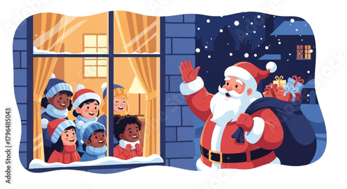 Illustration of Santa Claus waving through a snowy night window at a group of happy children in a warmly lit home with festive decorations and a starry sky.