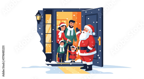 Illustration of Santa Claus visiting a family at their front door on a snowy Christmas day with a festive mood.