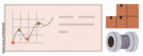 Line graph showing growth trends with marked points, stacked cardboard boxes, and industrial coil. Ideal for logistics, analysis, supply chain, manufacturing, industry, forecasting performance