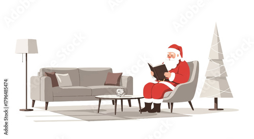 Illustration of Santa Claus sitting in a gray armchair, reading a laptop in a modern living room with a Christmas tree and lamp, conveying a cozy holiday atmosphere.