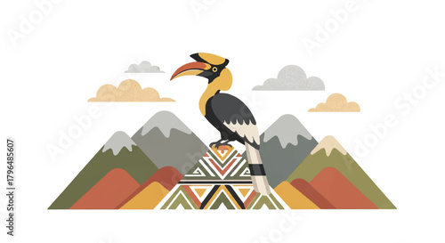 Illustration of a hornbill perched on a geometric patterned rock against a backdrop of colorful mountains and clouds.