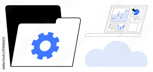 Open folder with gear icon, cloud graphic, and laptop displaying analytics charts. Ideal for data storage, cloud computing, file management, analytics, workflow, organization and tech solutions