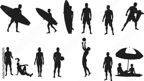 Beach activity silhouette set, surfboard and ball poses, summer recreation vector, coastal lifestyle illustration, beach fun design, outdoor posture collection