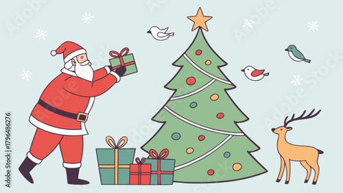 Christmas santa claus with gifts and christmas tree holiday season festive celebration vector illustration